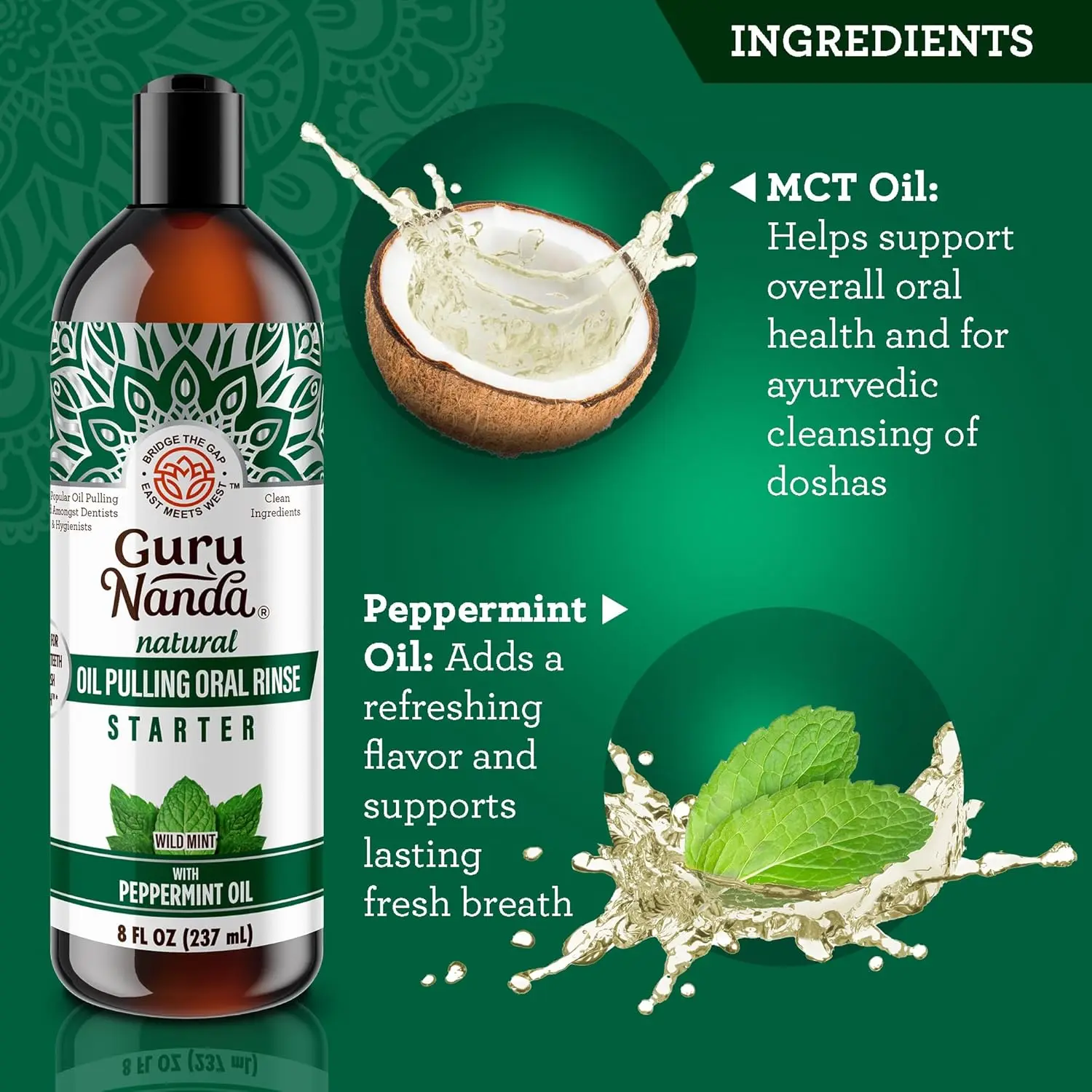 GuruNanda oil pulling mouthwash with coconut and peppermint provides fresh breath and supports healthy gums.