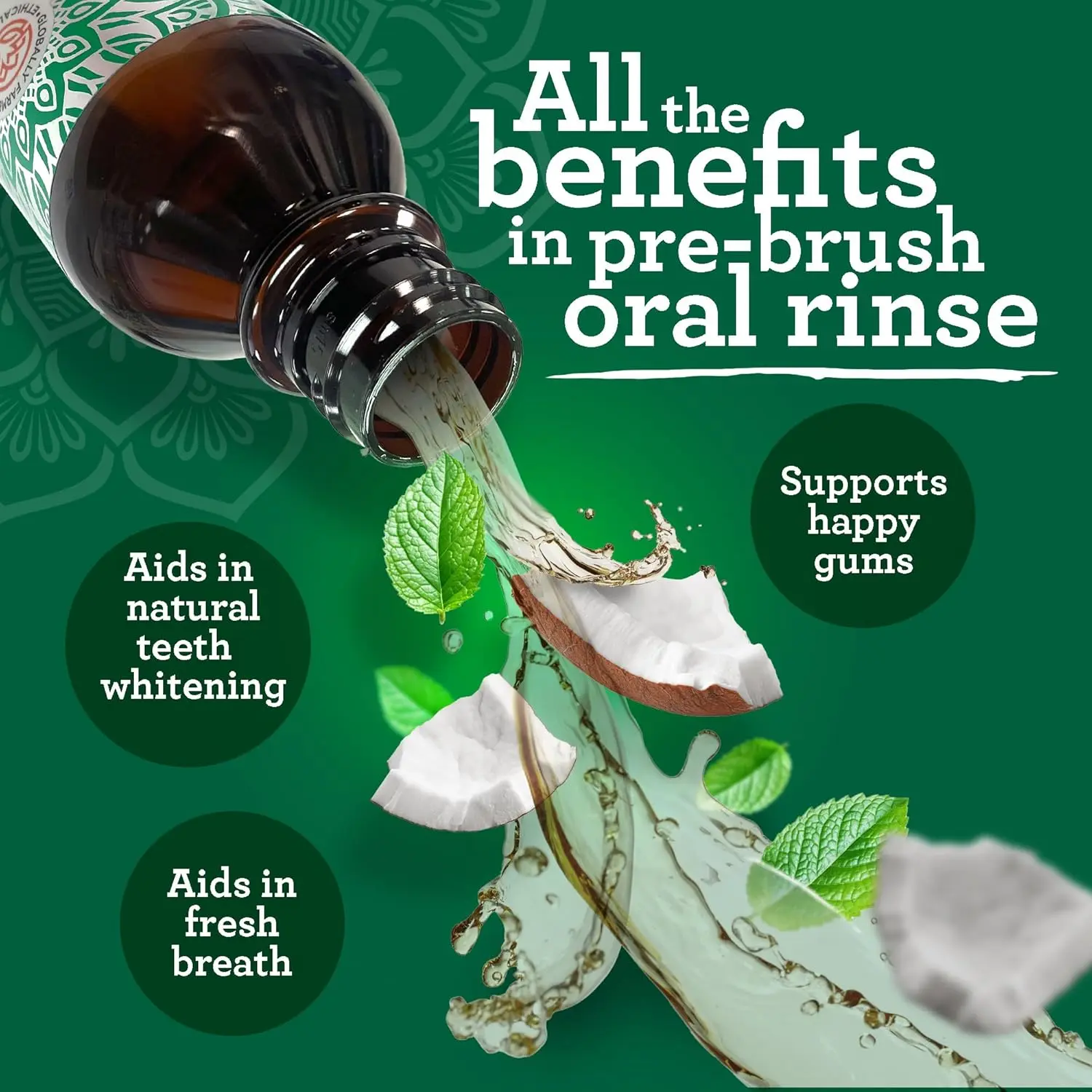 GuruNanda oil pulling mouthwash with coconut and peppermint provides fresh breath and supports healthy gums.