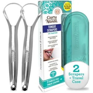 This GuruNanda tongue scraper made of stainless steel helps fight bad breath and improves oral hygiene.