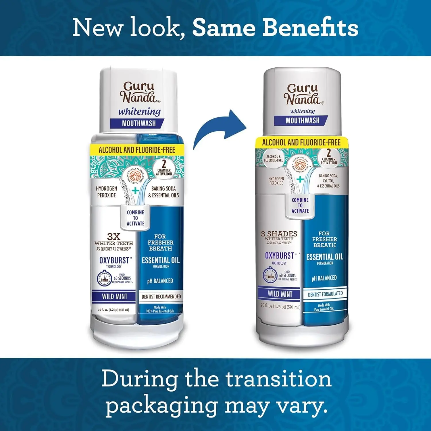 GuruNanda dual barrel whitening mouthwash promotes teeth whitening and healthy gums with natural essential oils, offering a refreshing wild mint flavor and alcohol & fluoride-free formula.