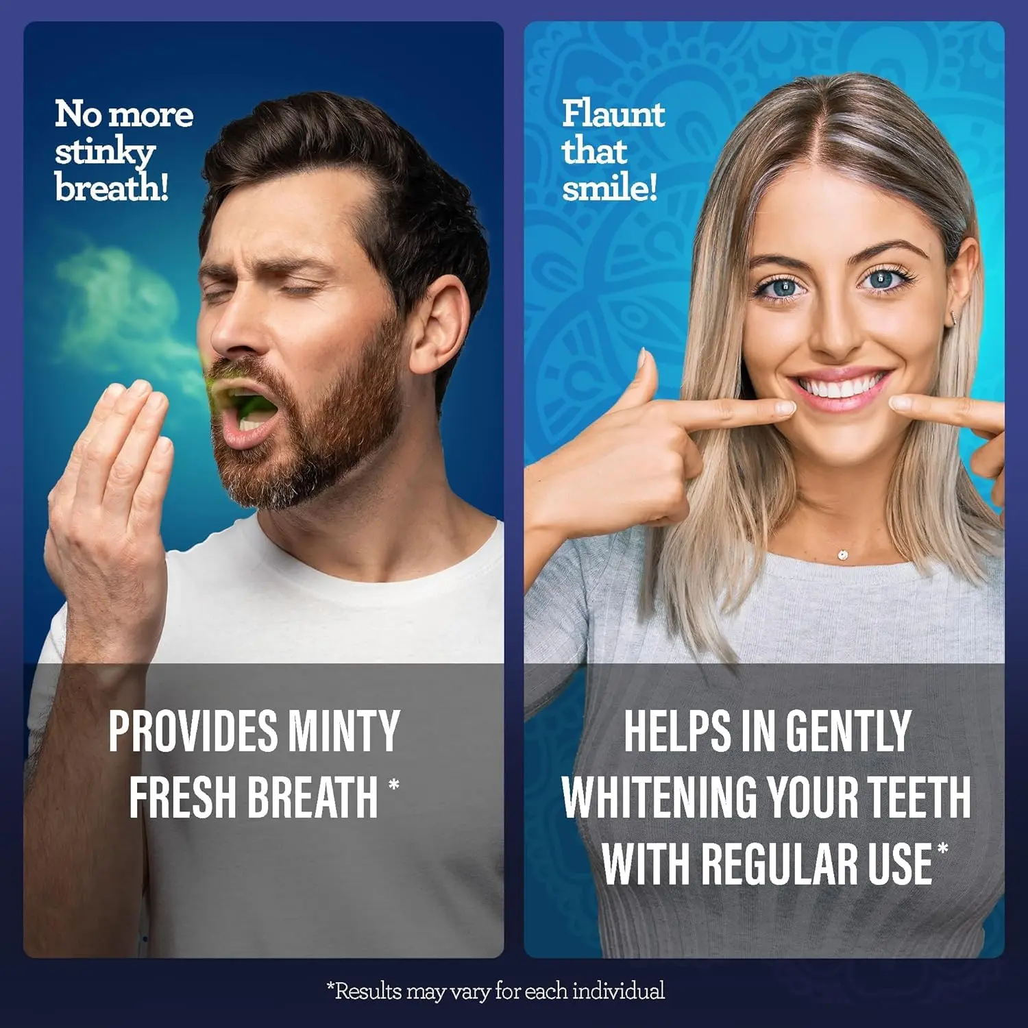 GuruNanda dual barrel whitening mouthwash promotes teeth whitening and healthy gums with natural essential oils, offering a refreshing wild mint flavor and alcohol & fluoride-free formula.