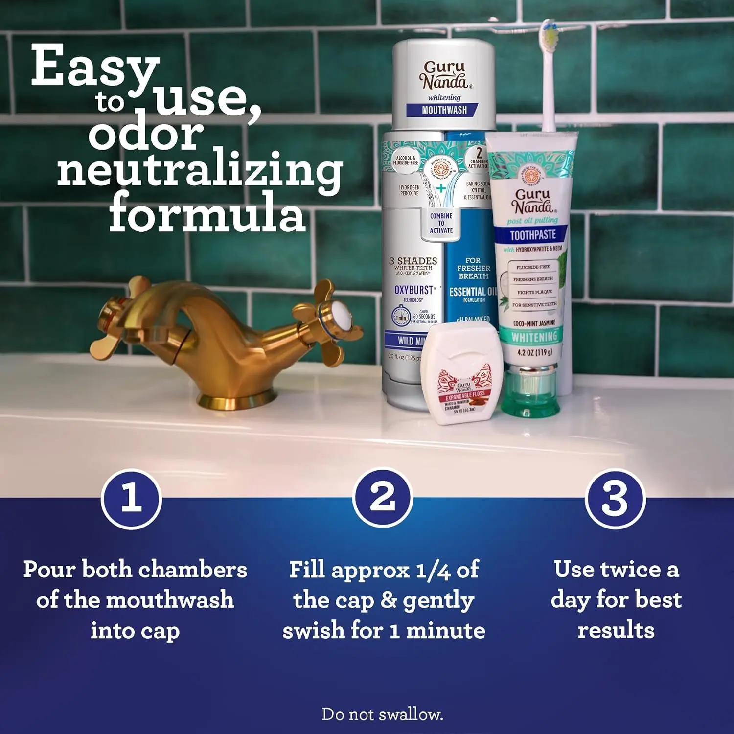 GuruNanda dual barrel whitening mouthwash promotes teeth whitening and healthy gums with natural essential oils, offering a refreshing wild mint flavor and alcohol & fluoride-free formula.