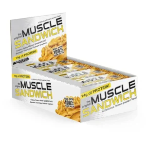 A box of twelve The Gym Keg Muscle Sandwich Original protein bars for post-workout recovery.