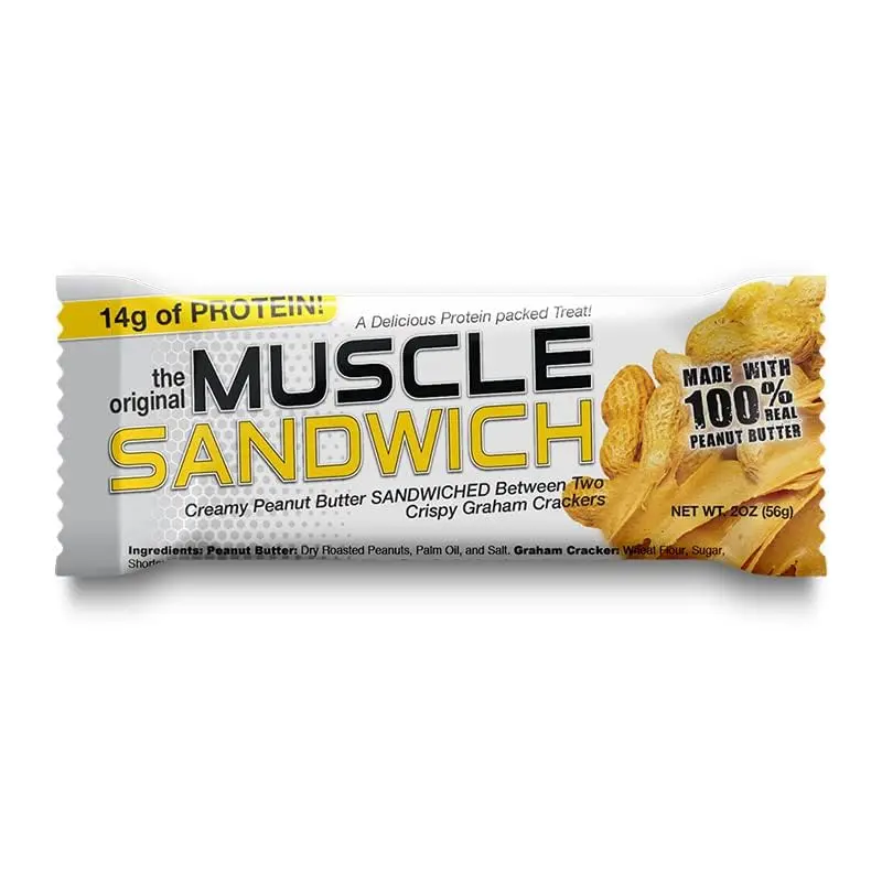 A box of twelve The Gym Keg Muscle Sandwich Original protein bars for post-workout recovery.