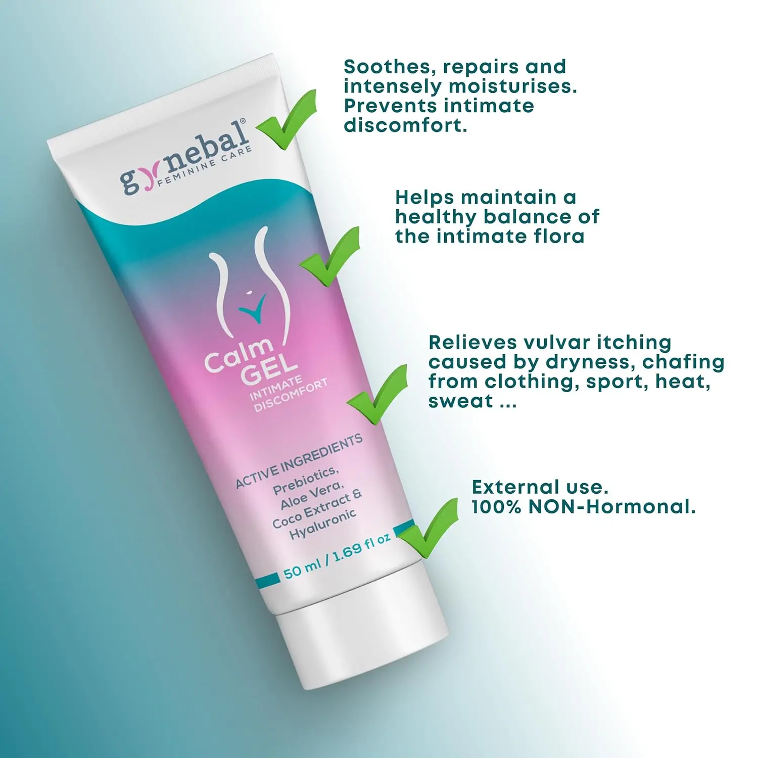 GYNEBAL Calm probiotic gel provides soothing relief and hydration for women's intimate dryness and discomfort, promoting a healthy intimate flora.