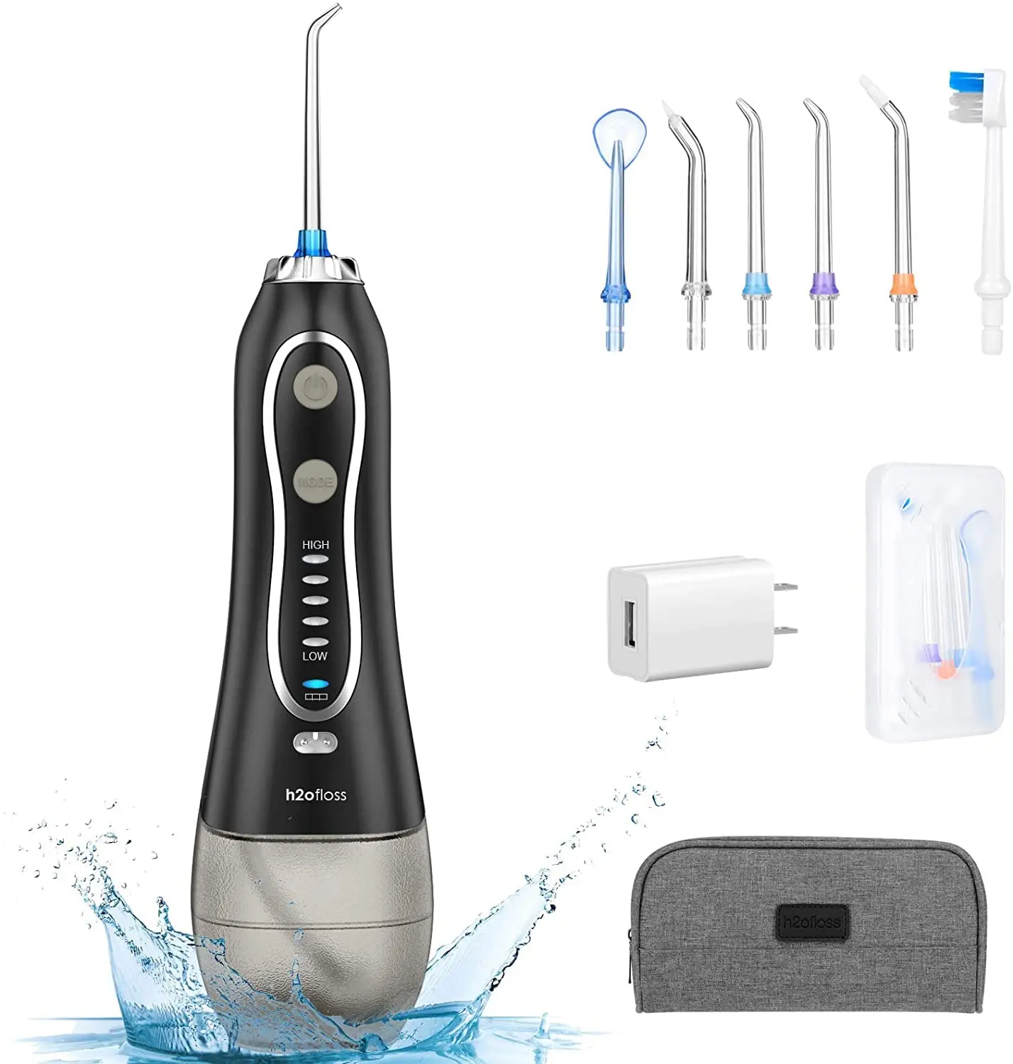 Black H2ofloss cordless oral irrigator with five pressure modes and a long-lasting rechargeable battery for effective teeth cleaning.