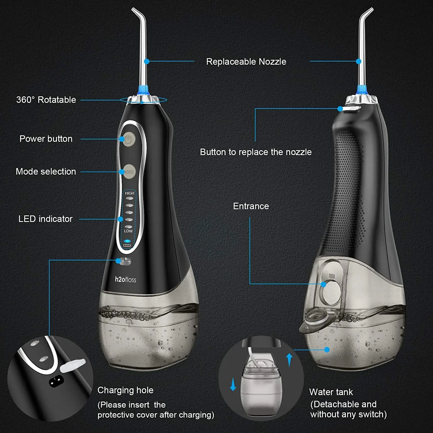 Black H2ofloss cordless oral irrigator with five pressure modes and a long-lasting rechargeable battery for effective teeth cleaning.