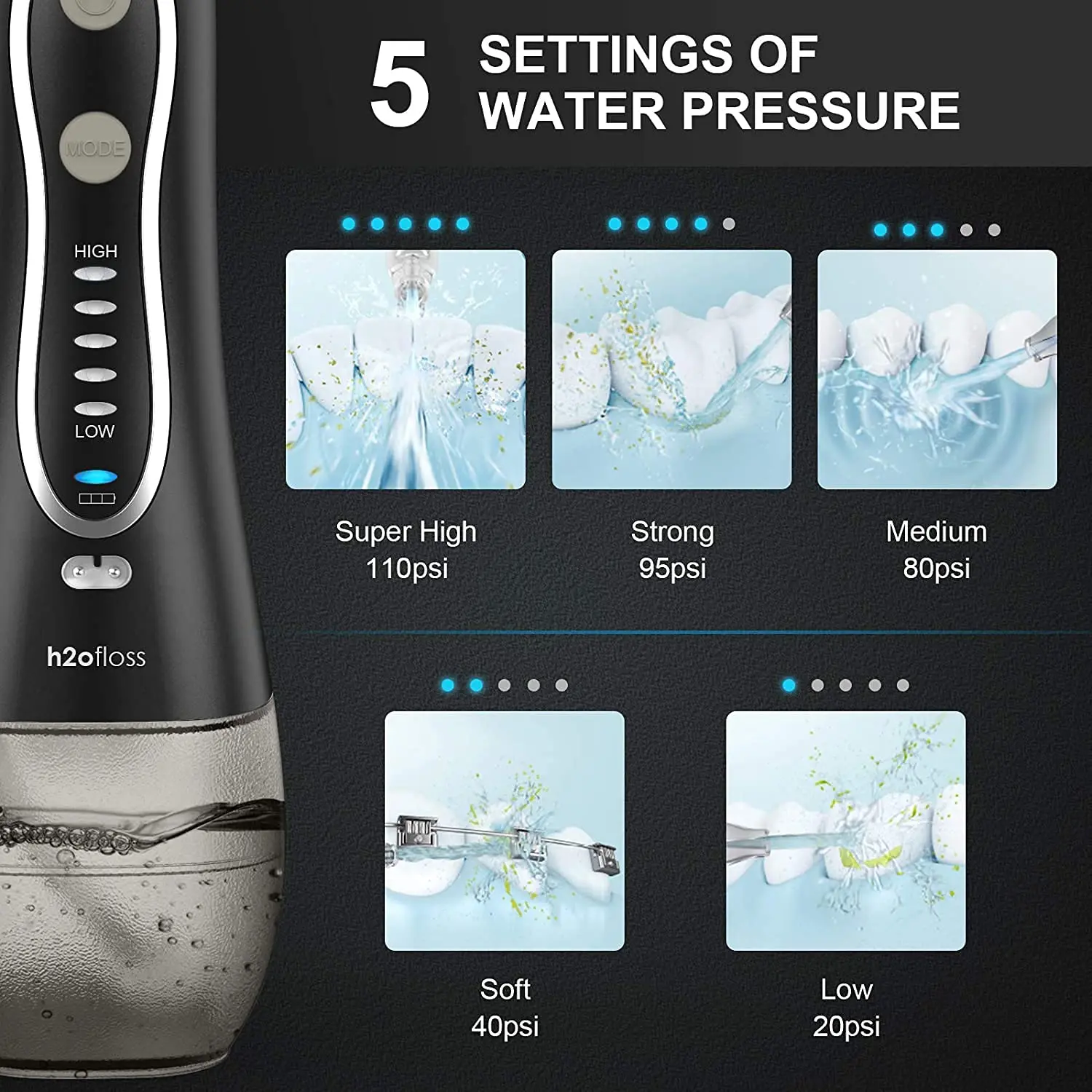 Black H2ofloss cordless oral irrigator with five pressure modes and a long-lasting rechargeable battery for effective teeth cleaning.