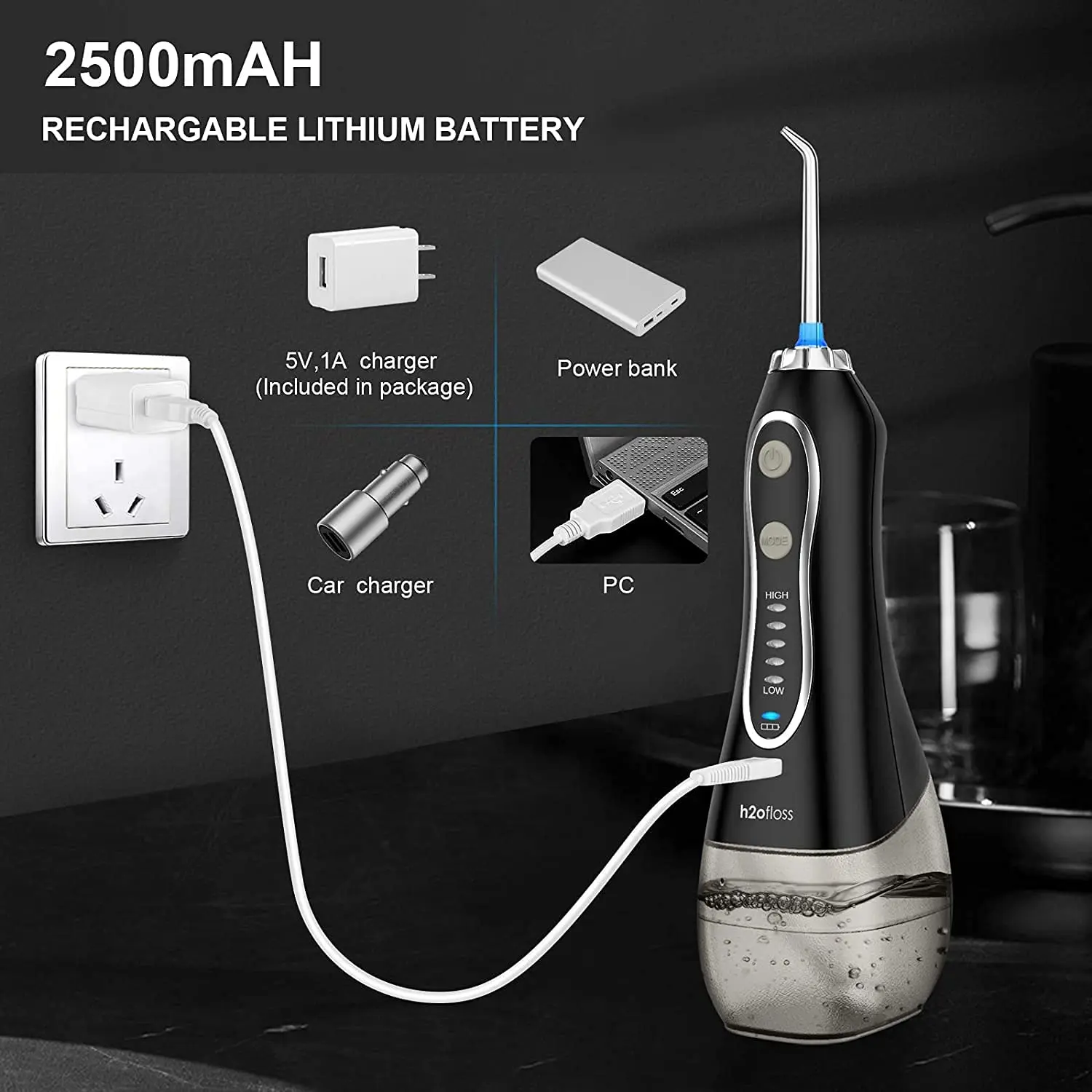Black H2ofloss cordless oral irrigator with five pressure modes and a long-lasting rechargeable battery for effective teeth cleaning.