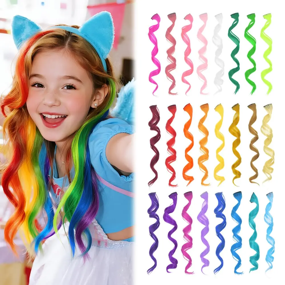 These 24 pieces of rainbow colored clip in hair extensions are soft, silky, and perfect for creating fun and unique hairstyles for kids and women.