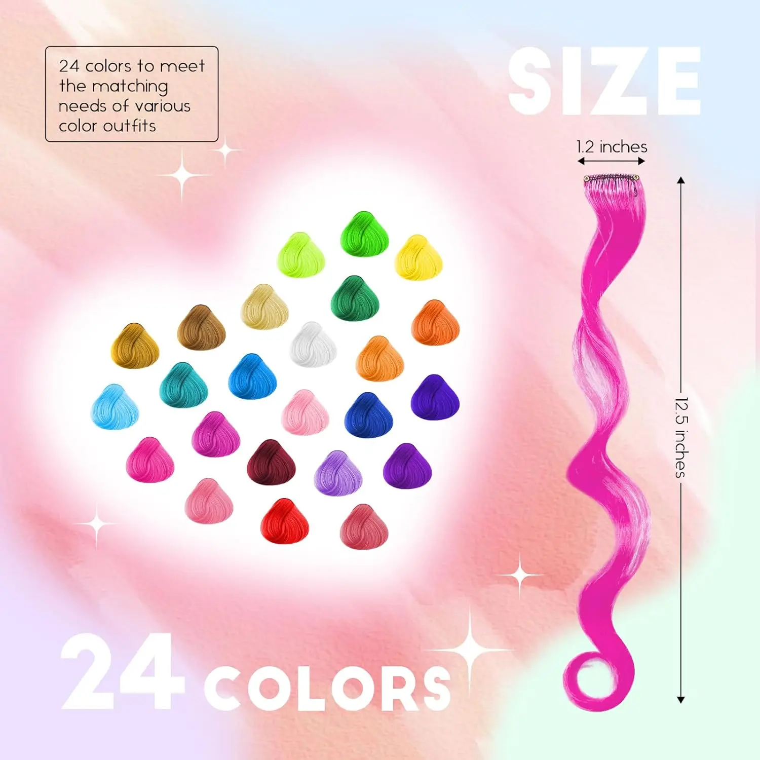 These 24 pieces of rainbow colored clip in hair extensions are soft, silky, and perfect for creating fun and unique hairstyles for kids and women.