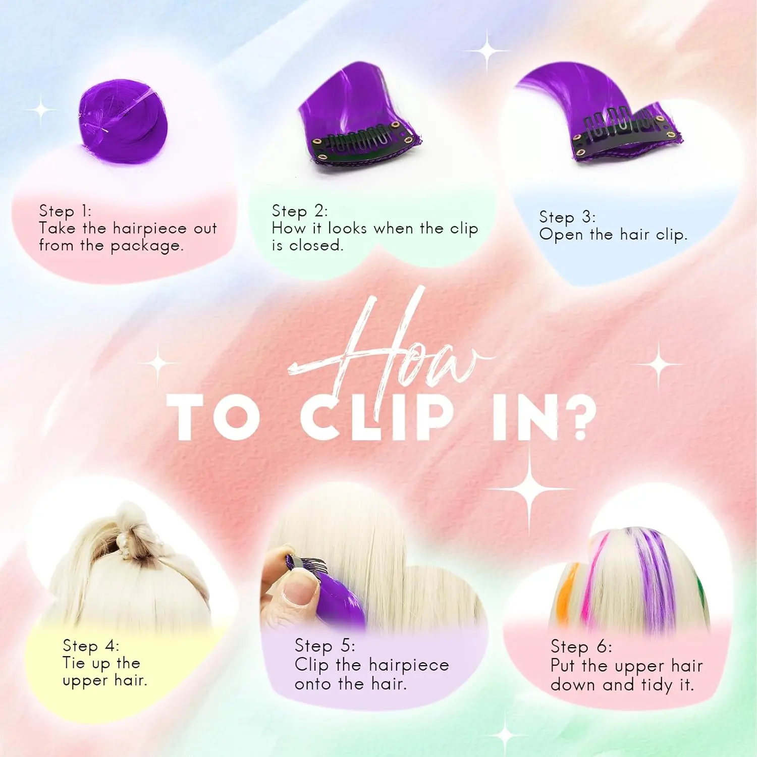 These 24 pieces of rainbow colored clip in hair extensions are soft, silky, and perfect for creating fun and unique hairstyles for kids and women.