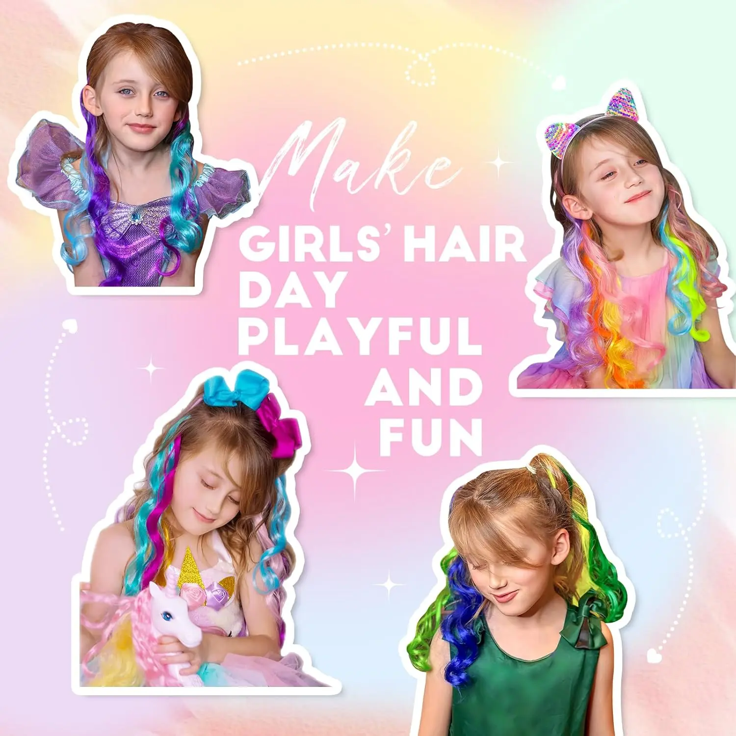 These 24 pieces of rainbow colored clip in hair extensions are soft, silky, and perfect for creating fun and unique hairstyles for kids and women.