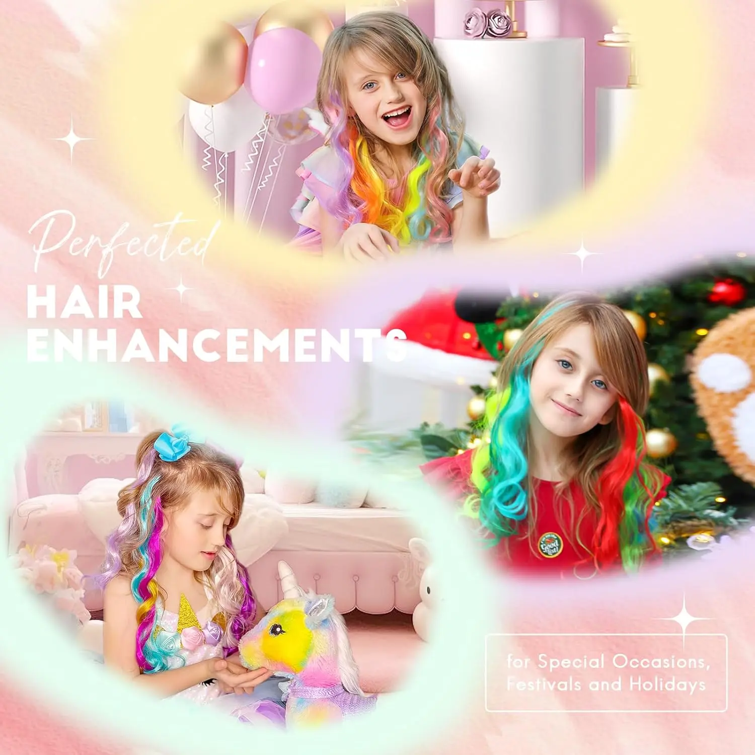 These 24 pieces of rainbow colored clip in hair extensions are soft, silky, and perfect for creating fun and unique hairstyles for kids and women.