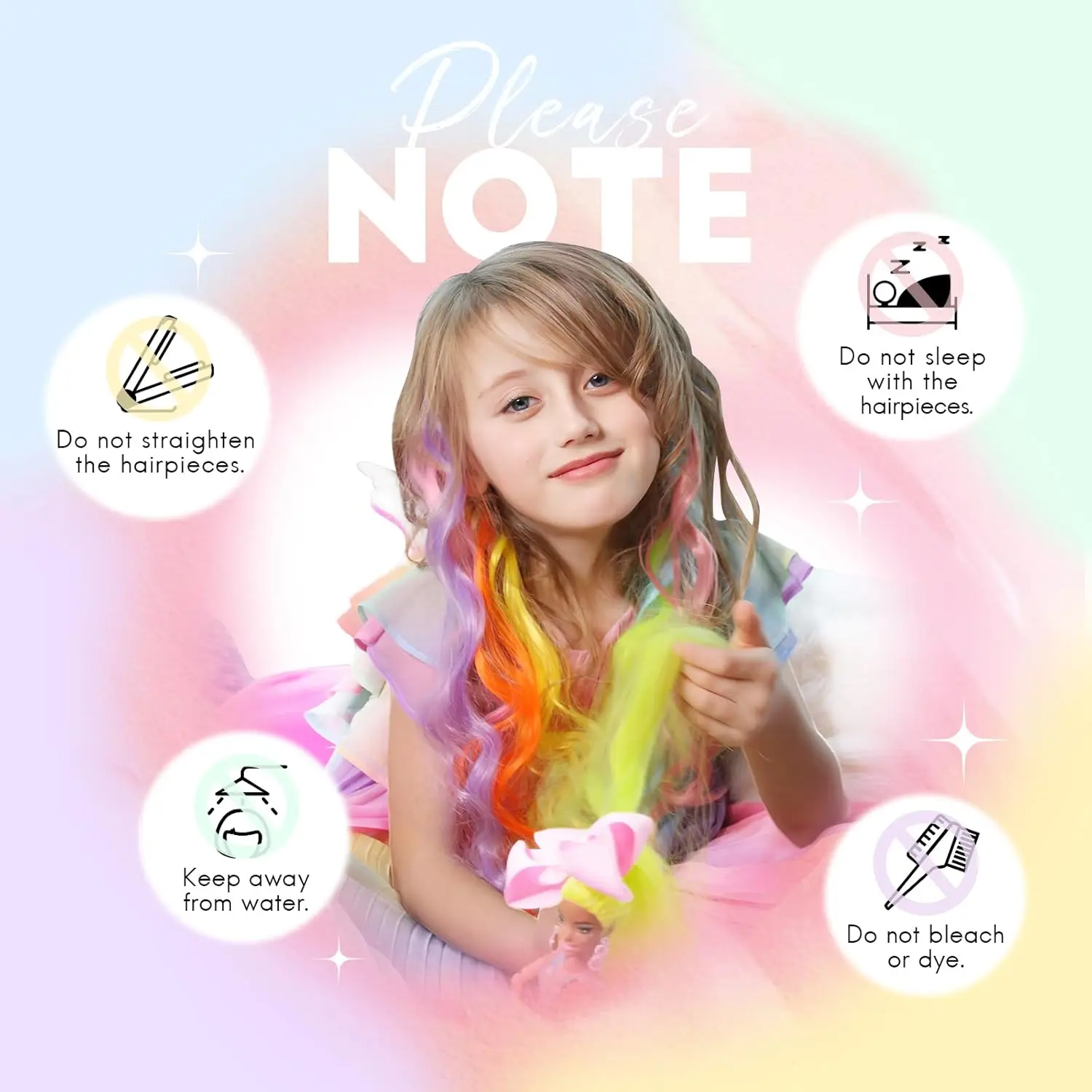 These 24 pieces of rainbow colored clip in hair extensions are soft, silky, and perfect for creating fun and unique hairstyles for kids and women.