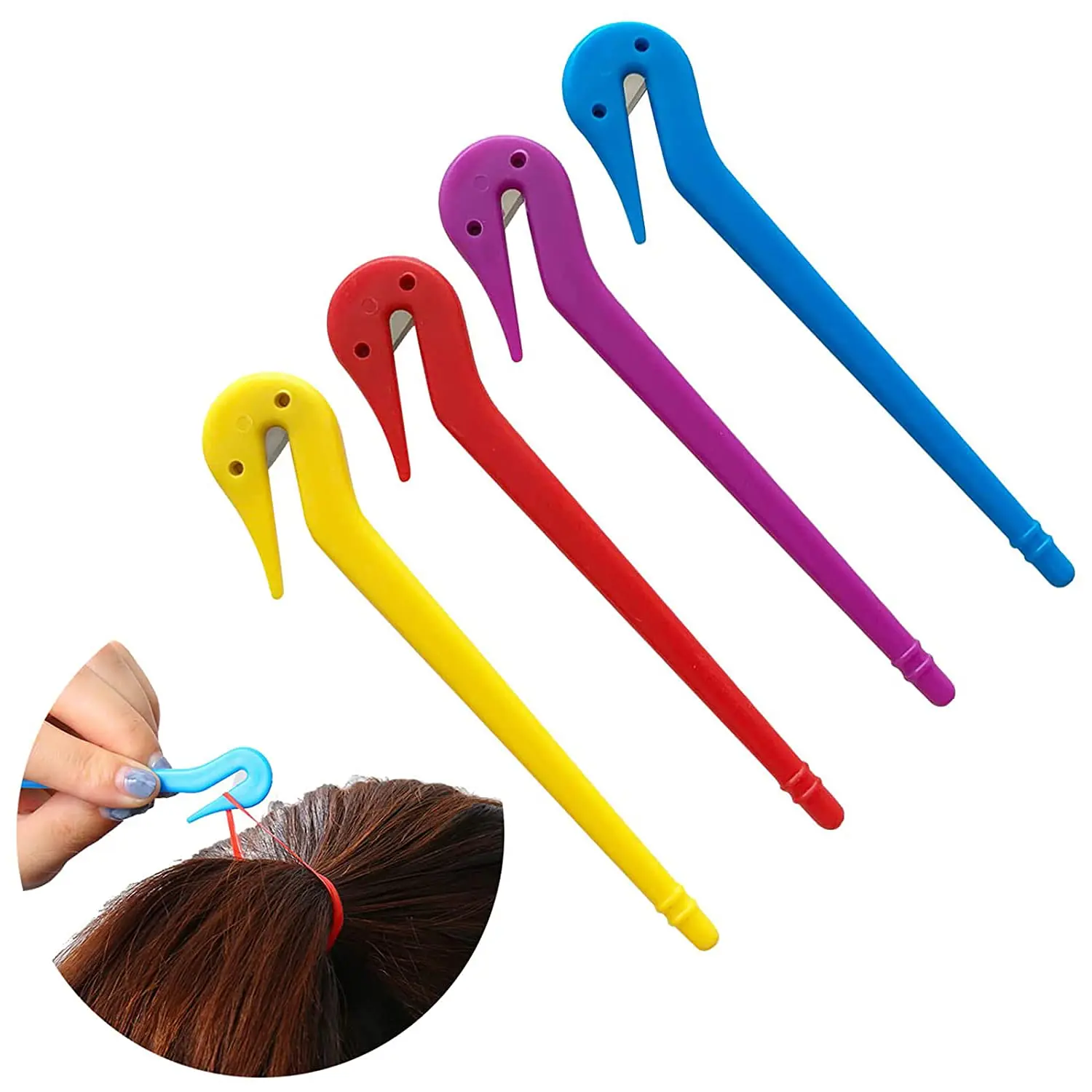 This 4-pack of colorful hair band remover tools makes removing elastic hair ties quick, painless, and safe for all hair types, preventing damage and tears.