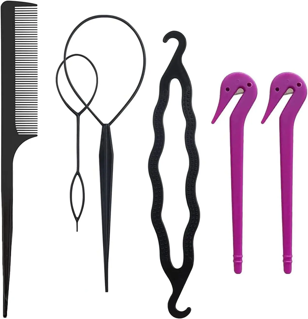 Six piece hair tool set includes rubber band cutter and hair styling tools to effortlessly create braids and ponytails without damage.
