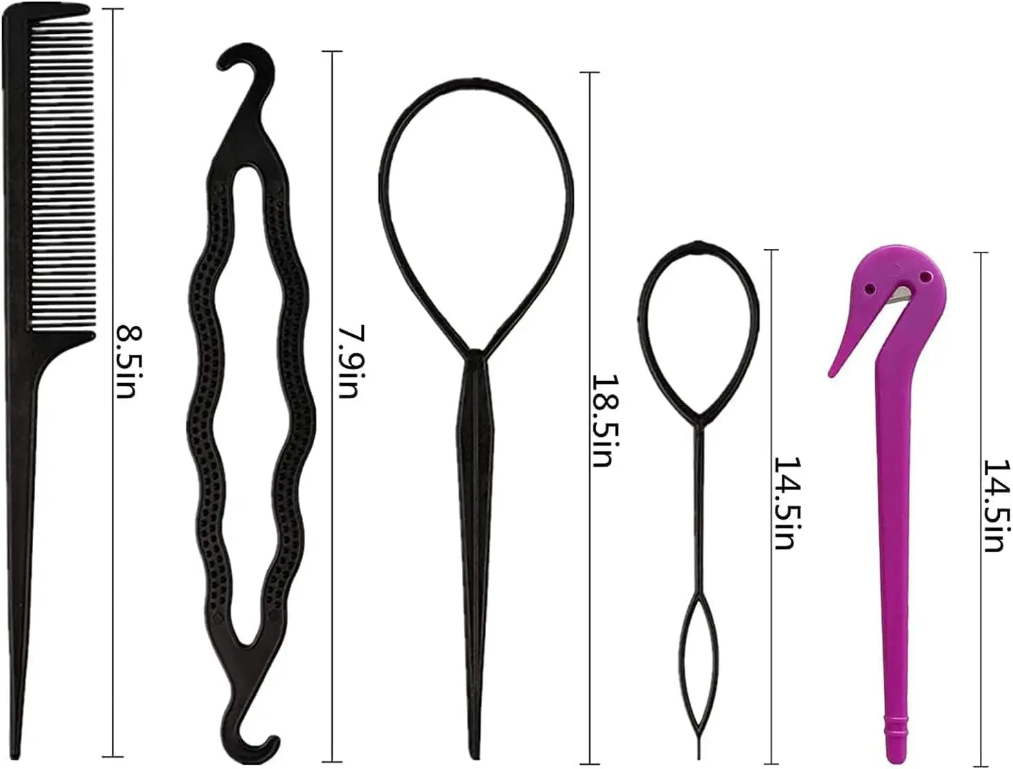 Six piece hair tool set includes rubber band cutter and hair styling tools to effortlessly create braids and ponytails without damage.