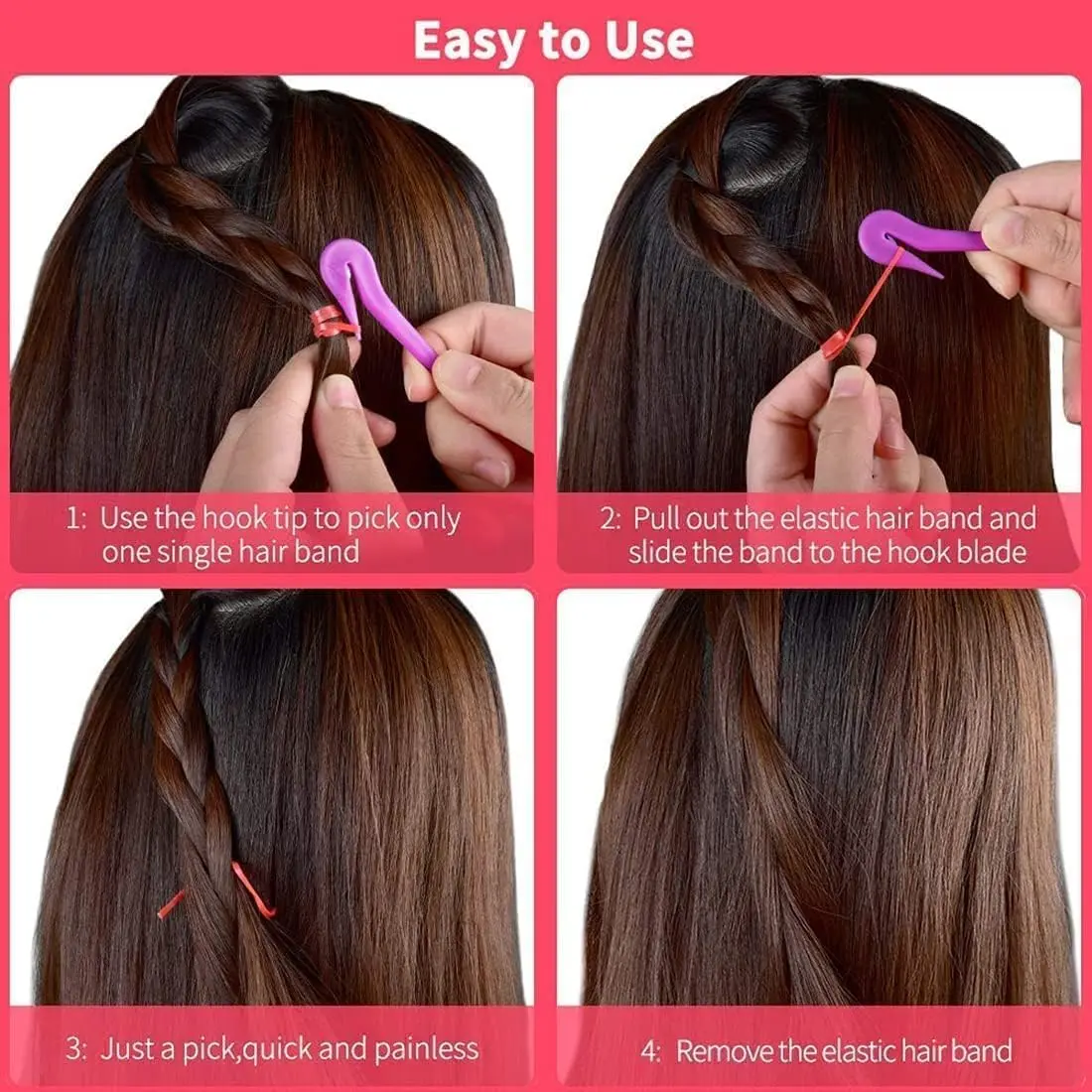 Six piece hair tool set includes rubber band cutter and hair styling tools to effortlessly create braids and ponytails without damage.