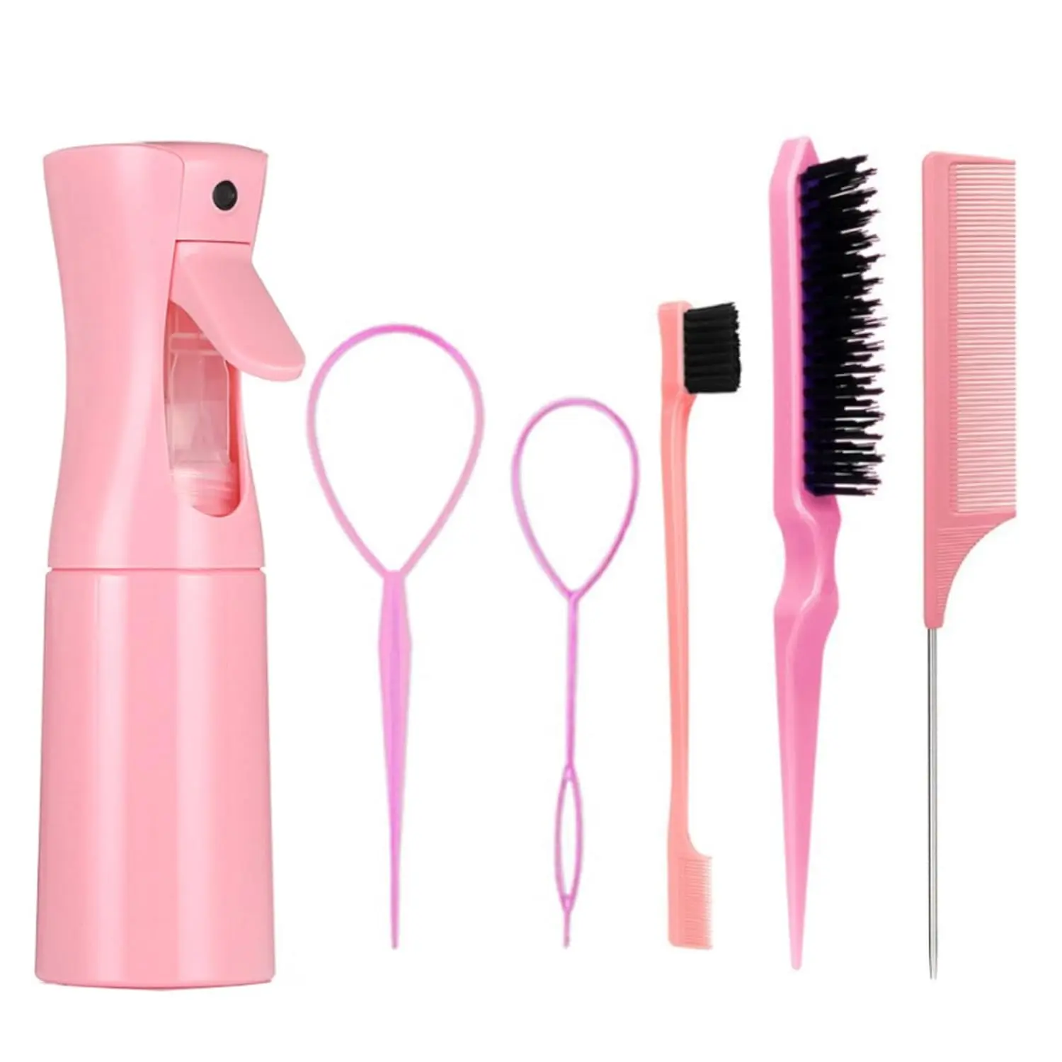This six piece hair styling set includes brushes, combs, and loop tools for creating braids, teasing hair, styling edges, and general hair care.