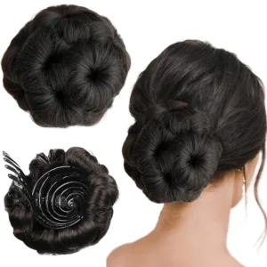 Natural brown hair bun extension instantly adds volume and creates a chic, effortless hairstyle with high-quality, heat-resistant synthetic fibers.