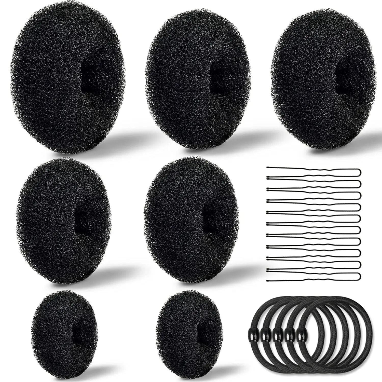 This hair bun maker kit includes doughnut bun shapers, elastic bands, and bobby pins for creating easy and elegant chignon hairstyles.