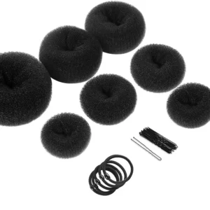 This hair bun maker kit includes black donut buns in various sizes, hair ties, and bobby pins to easily create stylish chignons, updos, and other hair bun hairstyles.