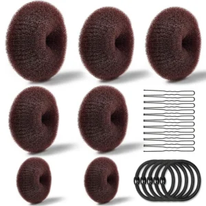 This hair bun maker kit includes donut bun makers in various sizes, elastic hair ties, and bobby pins, perfect for creating neat and stylish chignons for any hair volume and occasion.