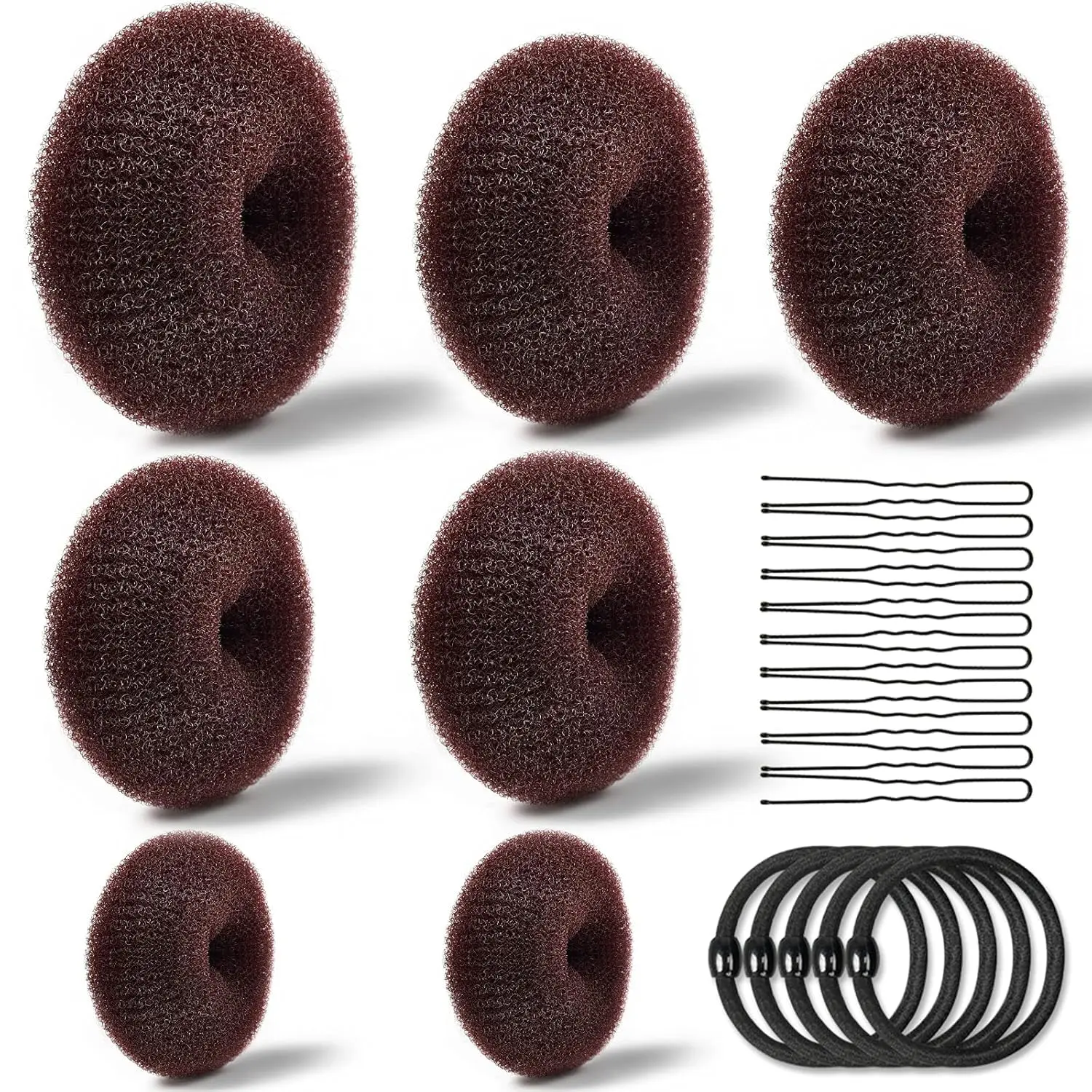 This hair bun maker kit includes donut bun makers in various sizes, elastic hair ties, and bobby pins, perfect for creating neat and stylish chignons for any hair volume and occasion.