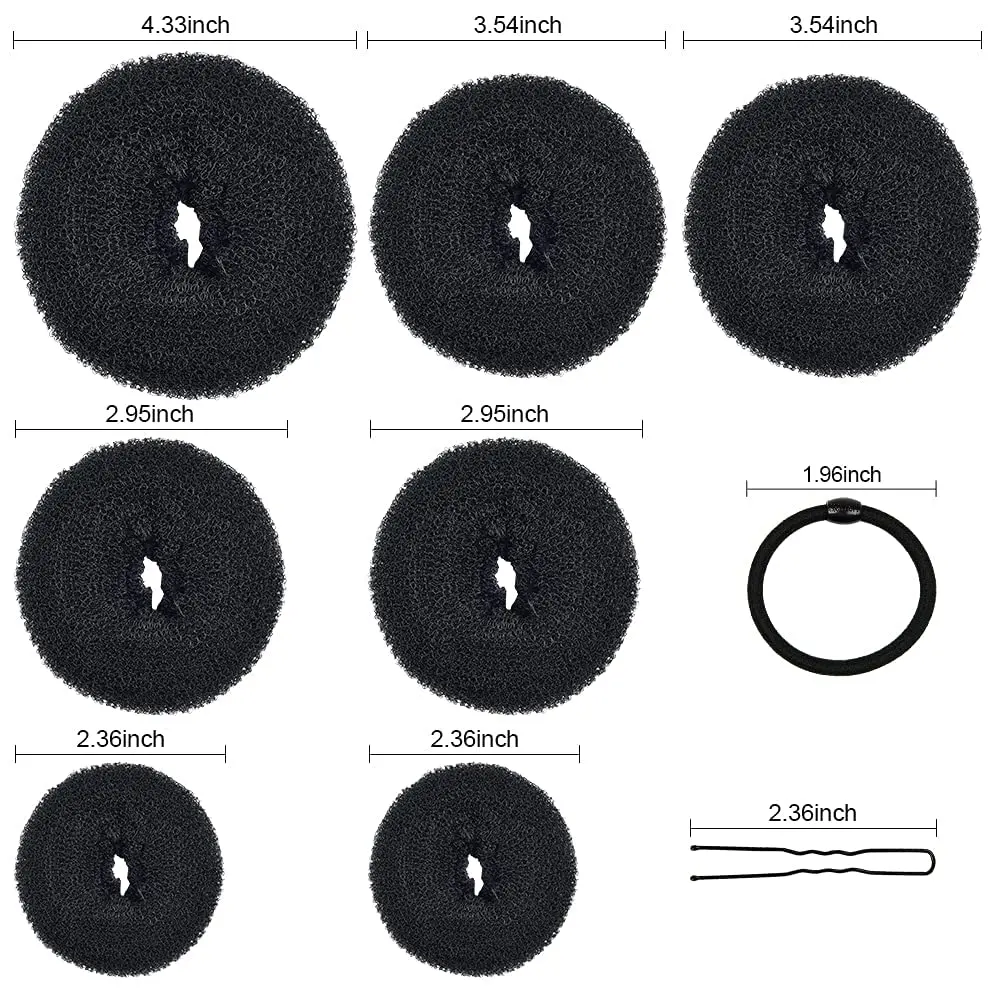 This hair bun maker kit includes doughnut bun shapers, elastic bands, and bobby pins for creating easy and elegant chignon hairstyles.