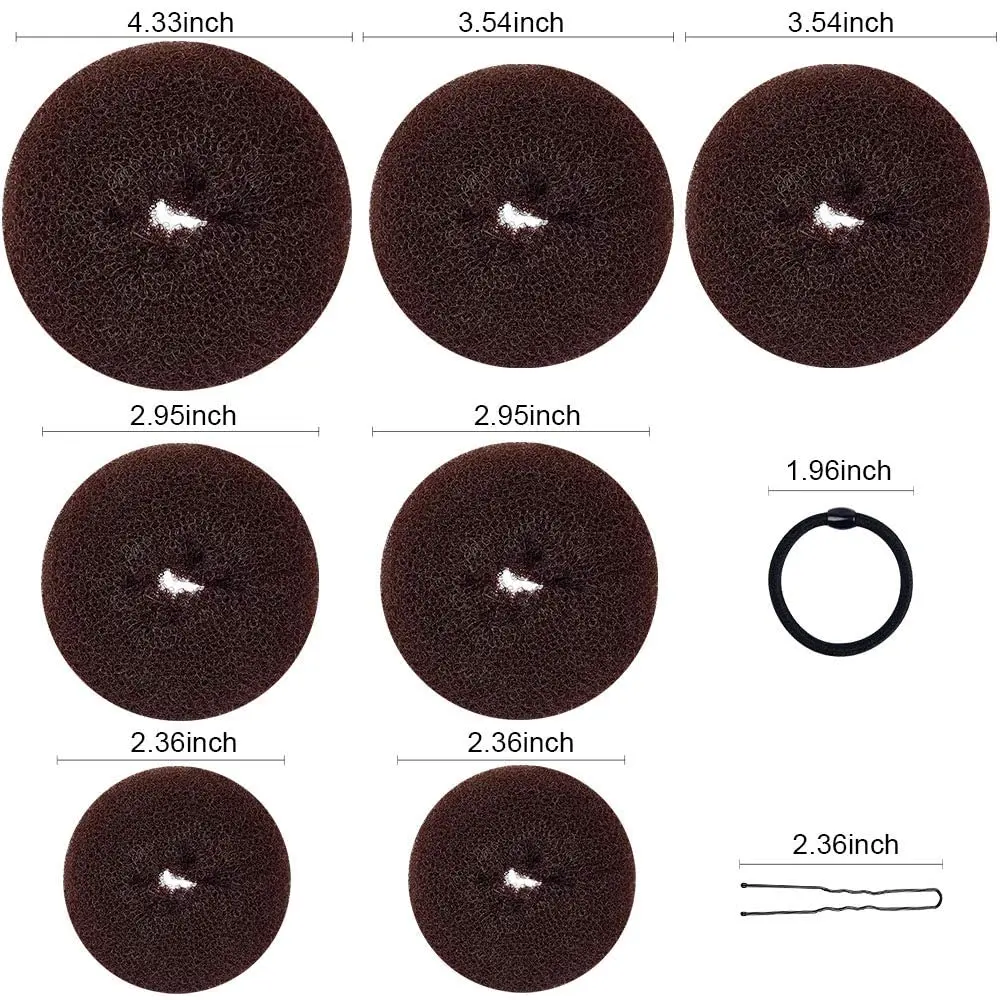 This hair bun maker kit includes donut bun makers in various sizes, elastic hair ties, and bobby pins, perfect for creating neat and stylish chignons for any hair volume and occasion.
