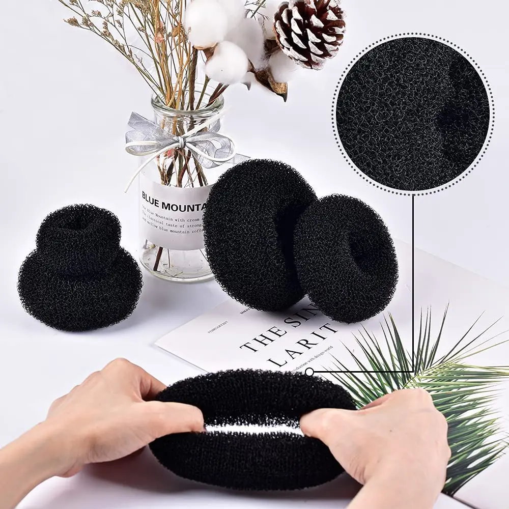 This hair bun maker kit includes doughnut bun shapers, elastic bands, and bobby pins for creating easy and elegant chignon hairstyles.