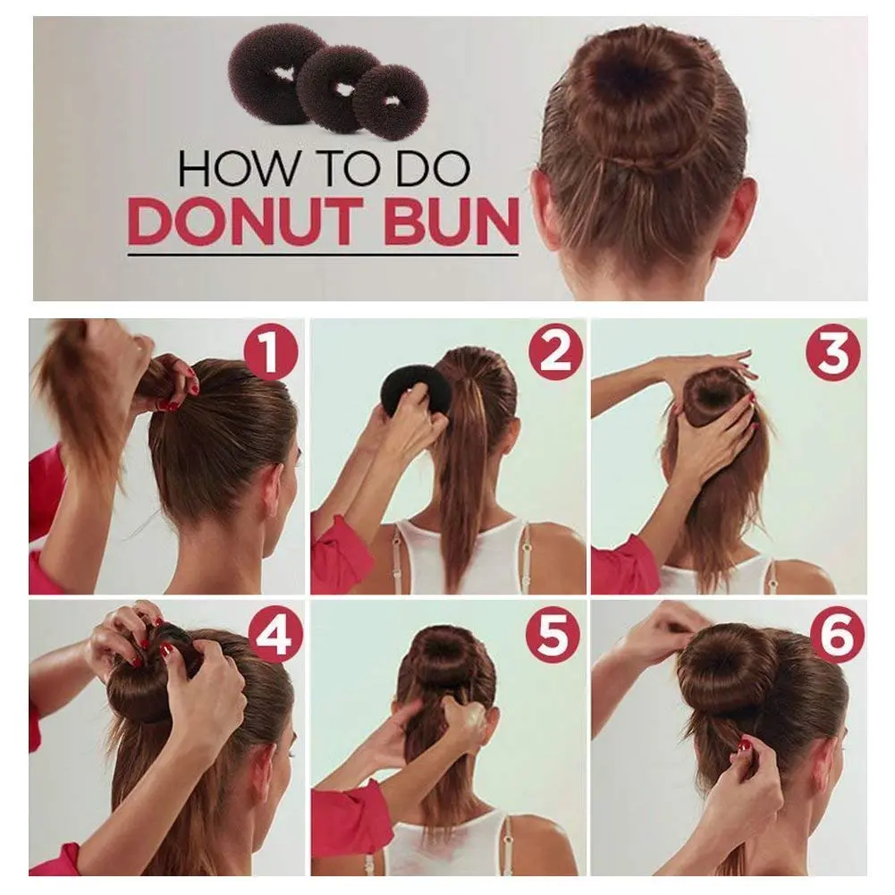 This hair bun maker kit includes donut bun makers in various sizes, elastic hair ties, and bobby pins, perfect for creating neat and stylish chignons for any hair volume and occasion.