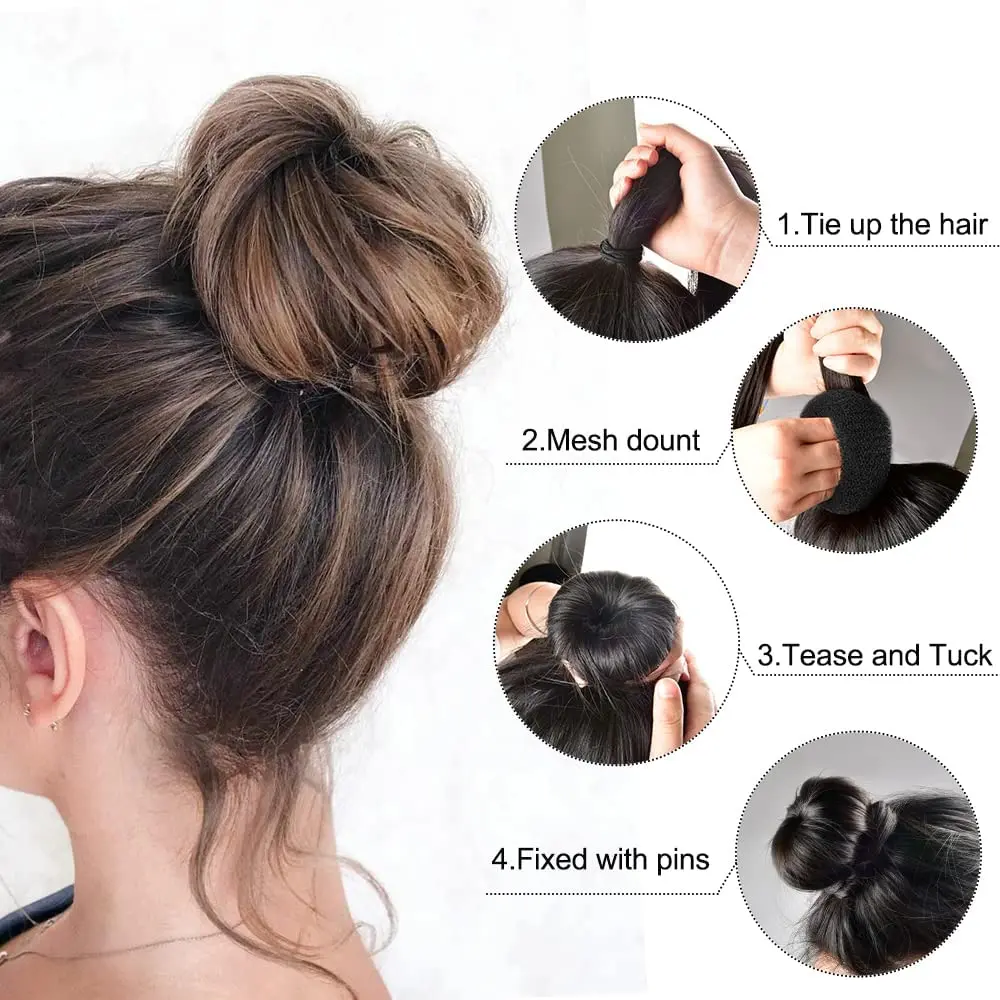 This hair bun maker kit includes doughnut bun shapers, elastic bands, and bobby pins for creating easy and elegant chignon hairstyles.
