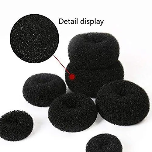 This hair bun maker kit includes black donut buns in various sizes, hair ties, and bobby pins to easily create stylish chignons, updos, and other hair bun hairstyles.
