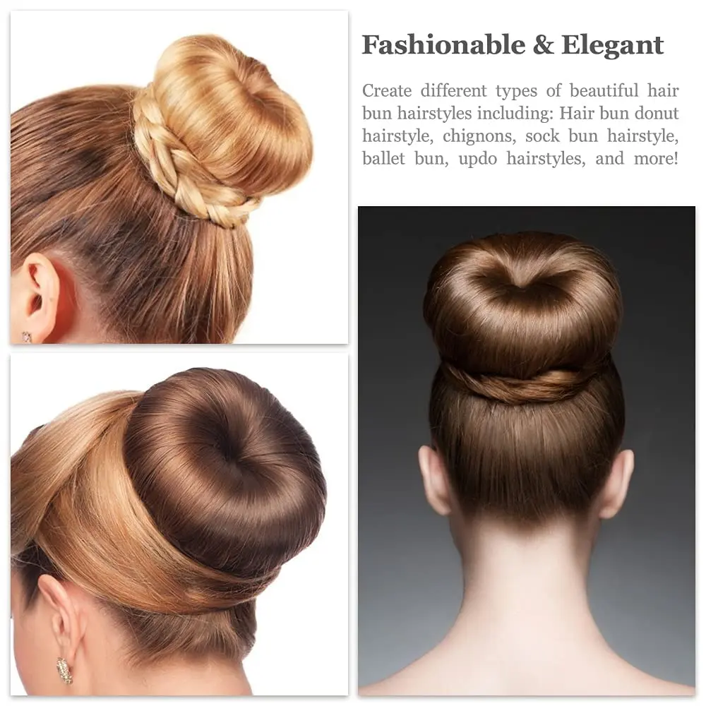 This hair bun maker kit includes doughnut bun shapers, elastic bands, and bobby pins for creating easy and elegant chignon hairstyles.