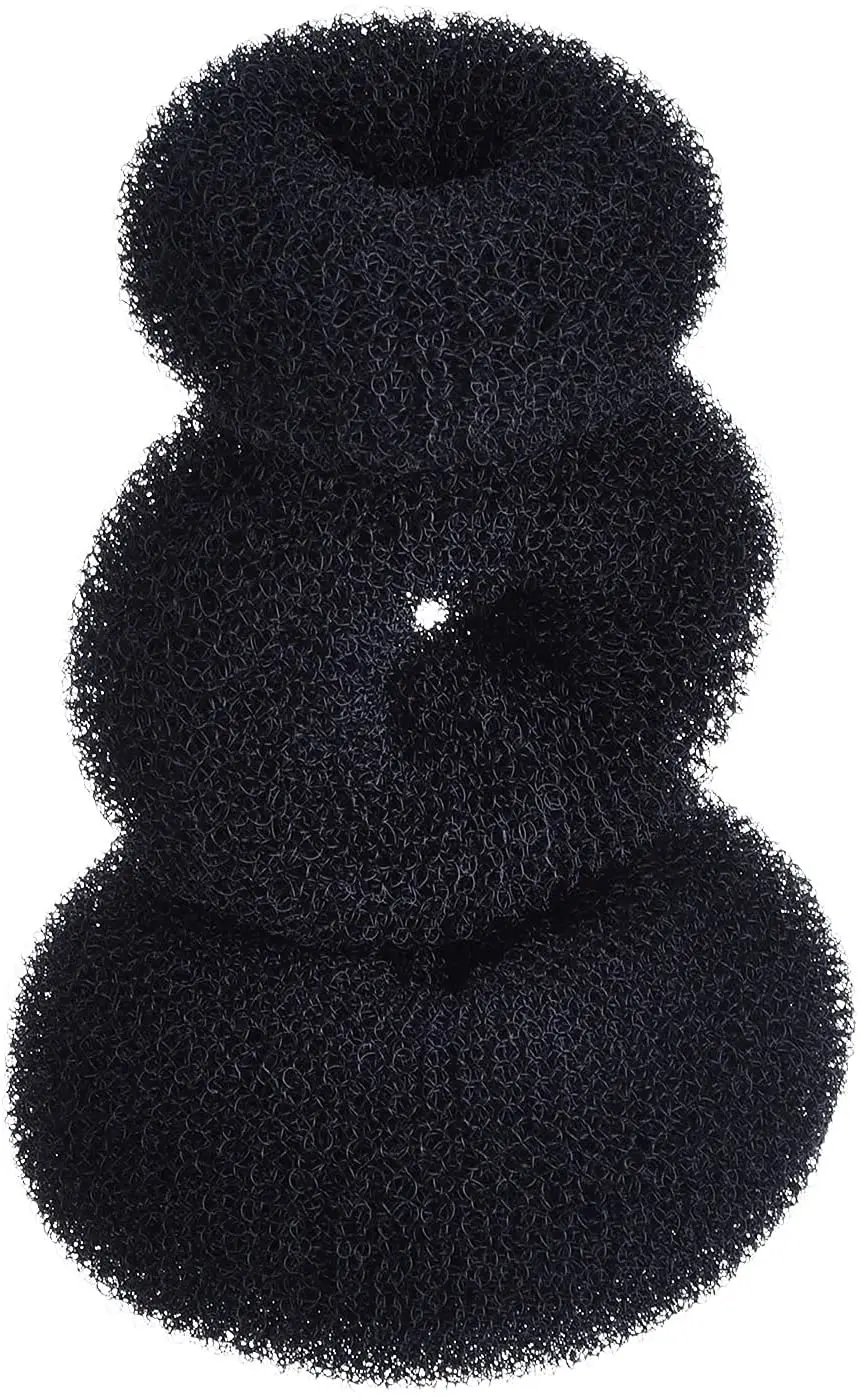 This hair bun maker kit includes black donut buns in various sizes, hair ties, and bobby pins to easily create stylish chignons, updos, and other hair bun hairstyles.