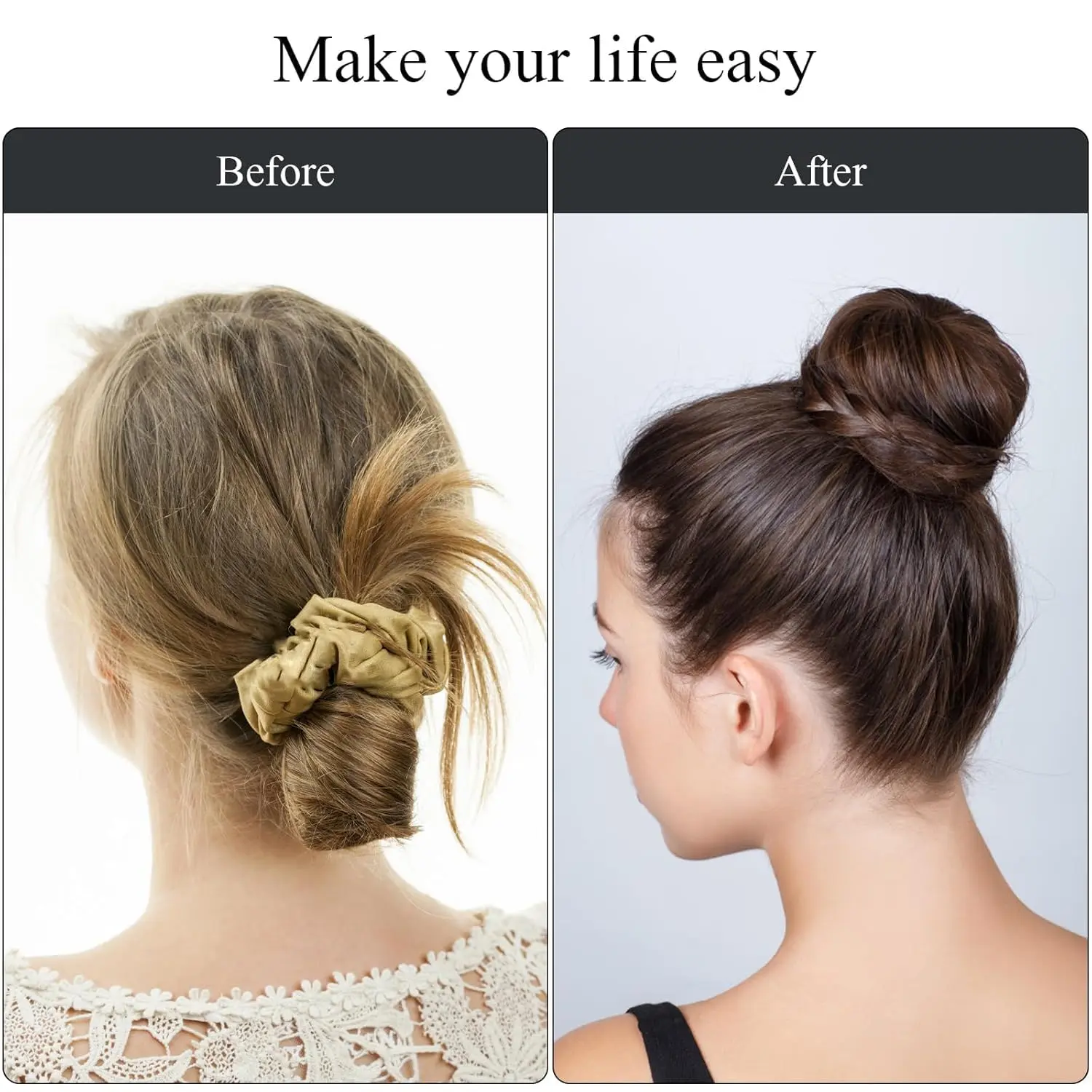 This hair bun maker kit includes donut bun makers in various sizes, elastic hair ties, and bobby pins, perfect for creating neat and stylish chignons for any hair volume and occasion.