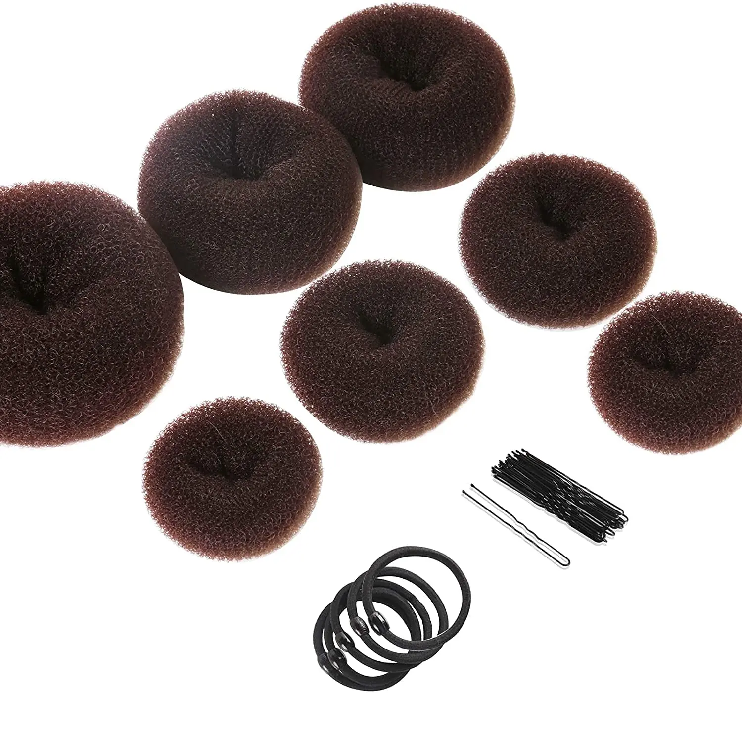 This hair bun maker kit includes black donut buns in various sizes, hair ties, and bobby pins to easily create stylish chignons, updos, and other hair bun hairstyles.