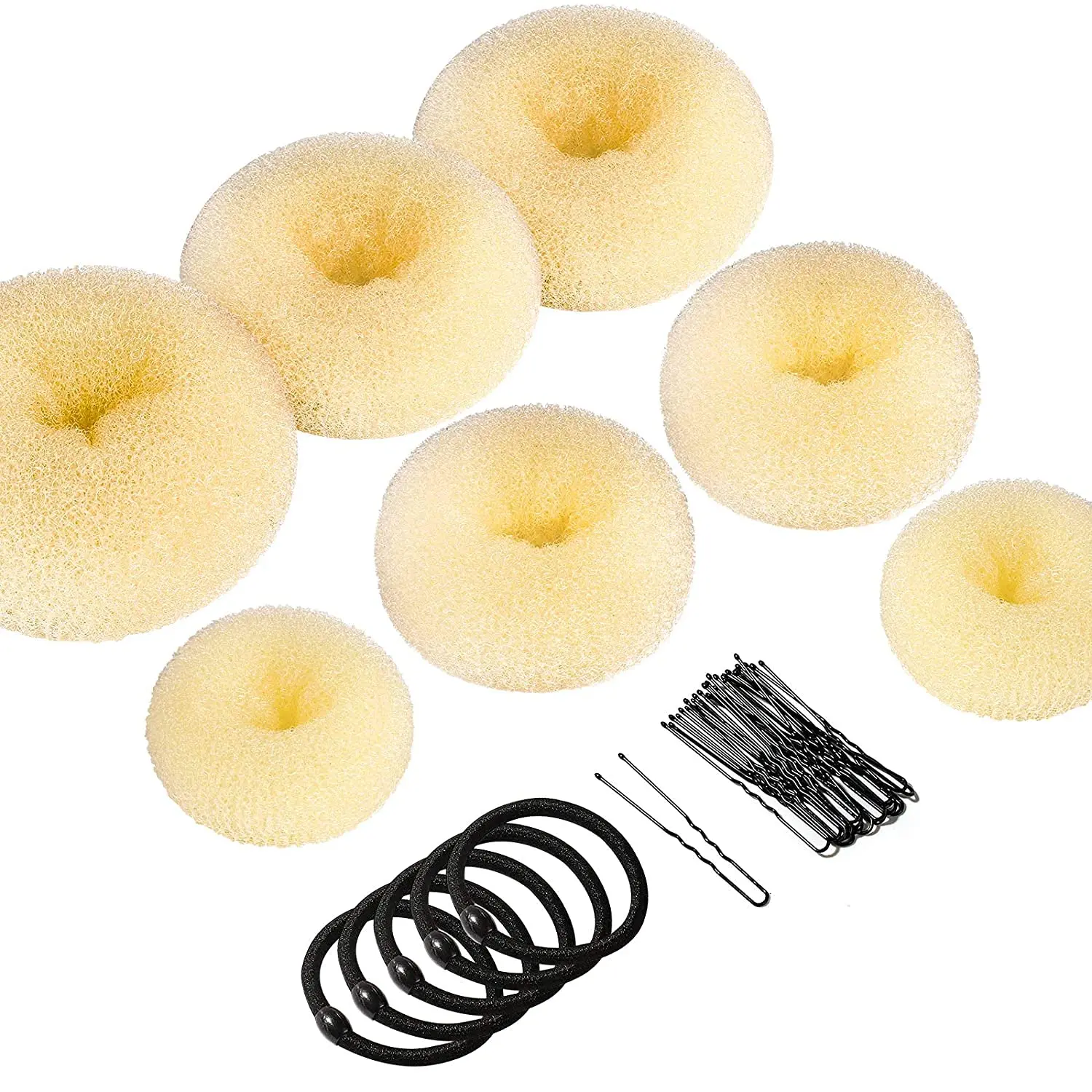 This hair bun maker kit includes black donut buns in various sizes, hair ties, and bobby pins to easily create stylish chignons, updos, and other hair bun hairstyles.