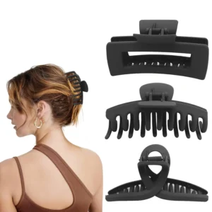 A pack of three large, non-slip hair claw clips designed to securely hold thick or thin hair, offering a stylish and lightweight hair accessory solution for women.