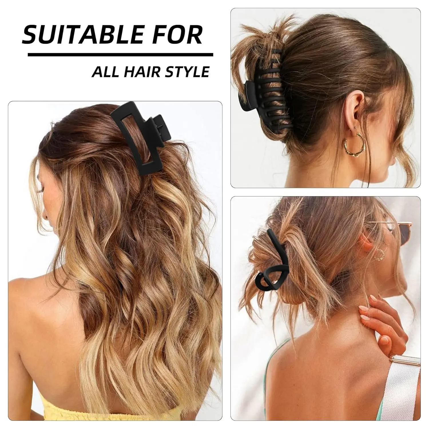 A pack of three large, non-slip hair claw clips designed to securely hold thick or thin hair, offering a stylish and lightweight hair accessory solution for women.