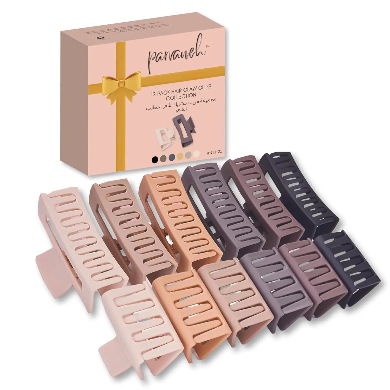 This set of 12 hair claw clips features a rubberized coating for a non-slip grip, including both 3.5-inch and 2-inch sizes in neutral colors, perfect for styling thick or long hair.