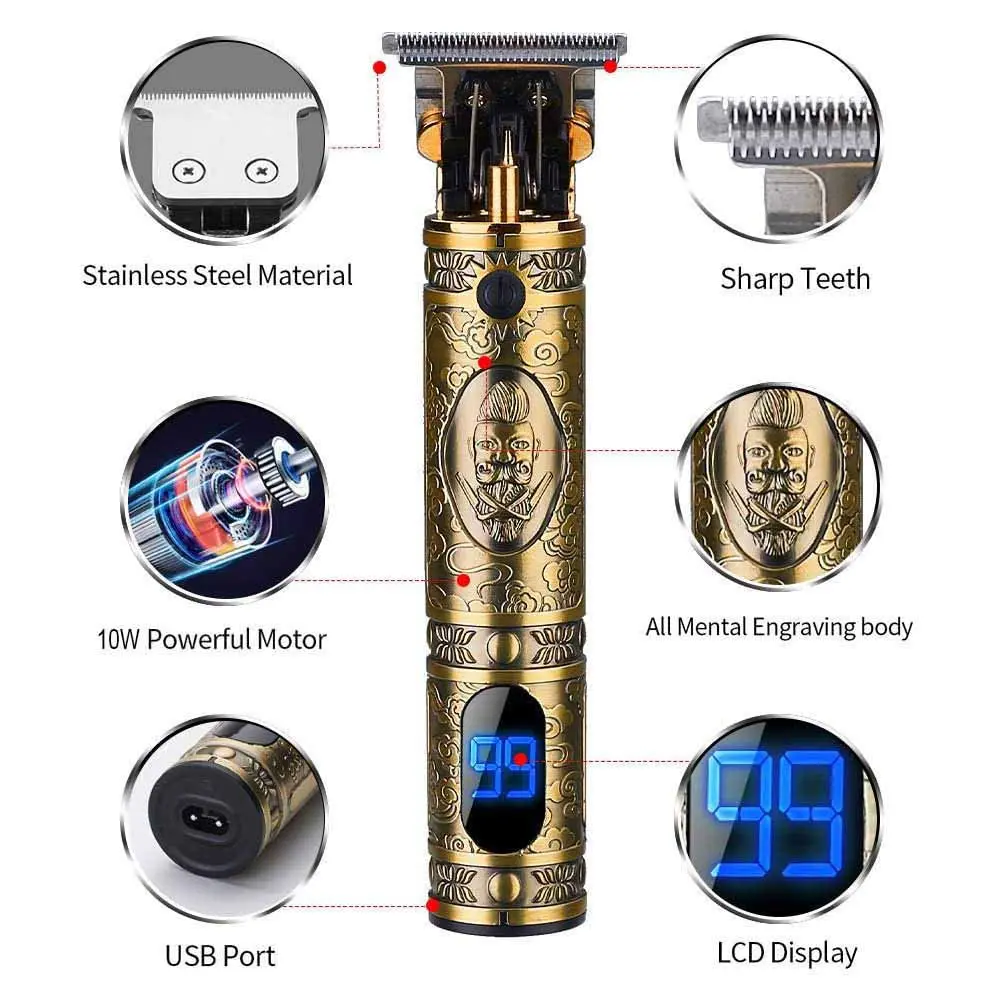 Suttik hair clippers for men with titanium precision T-blades, LCD display showing battery status, and a long-lasting lithium battery for cordless use.