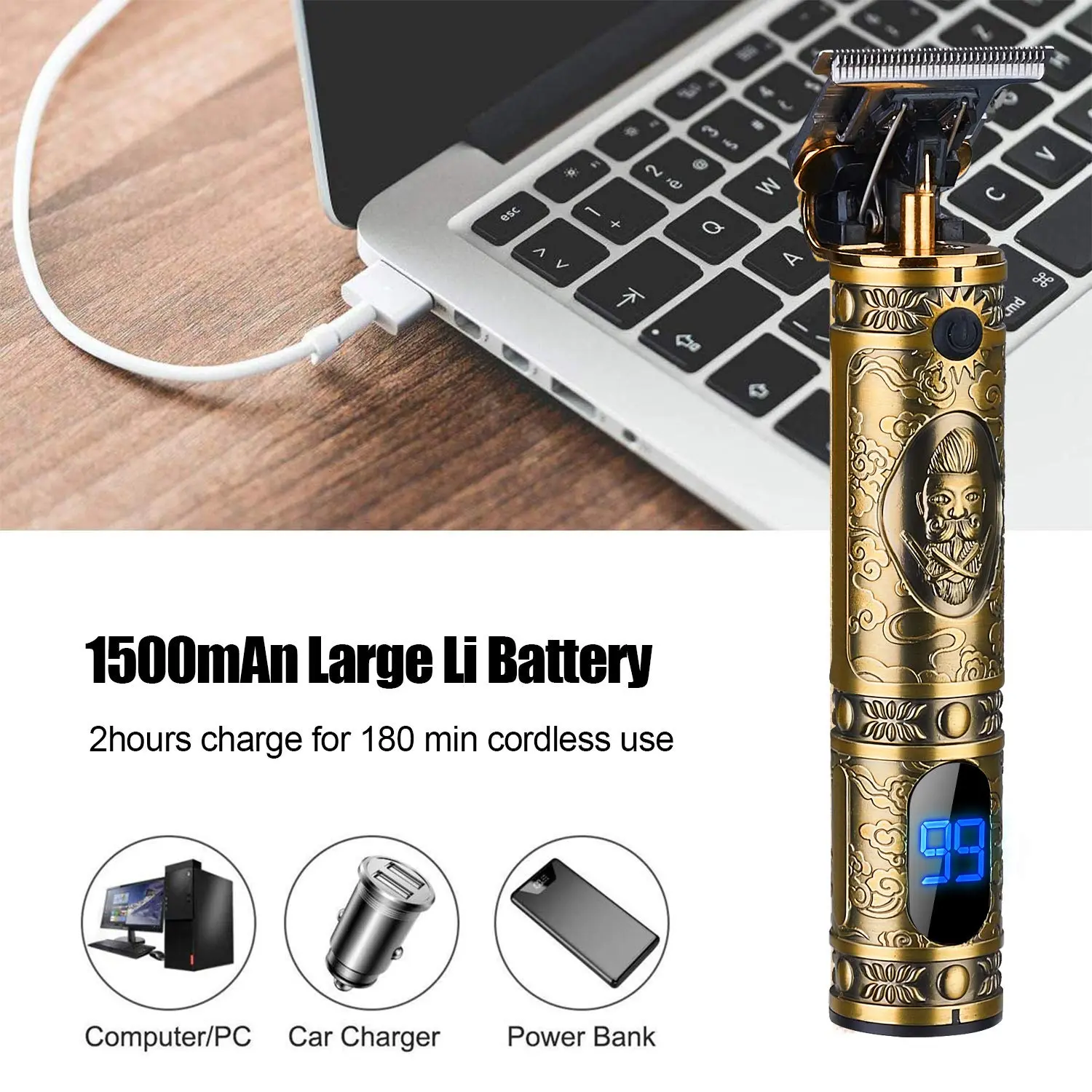 Suttik hair clippers for men with titanium precision T-blades, LCD display showing battery status, and a long-lasting lithium battery for cordless use.