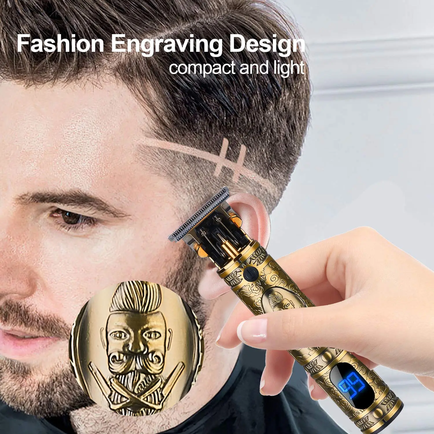 Suttik hair clippers for men with titanium precision T-blades, LCD display showing battery status, and a long-lasting lithium battery for cordless use.