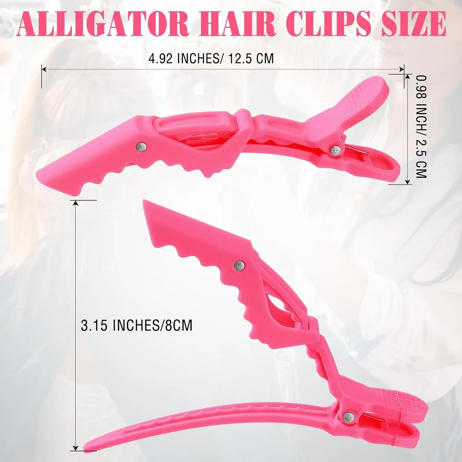 Twelve durable plastic alligator hair clips with a non-slip grip, ideal for sectioning all hair types during styling, coloring, and creating versatile looks.
