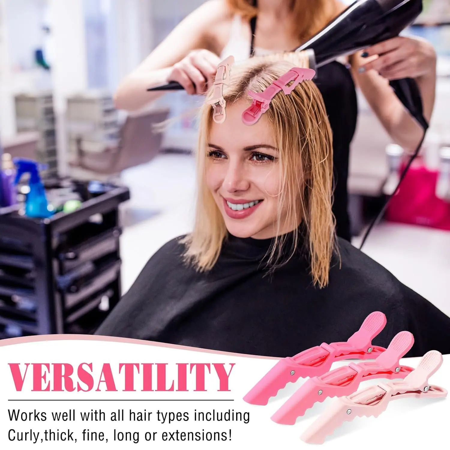 Twelve durable plastic alligator hair clips with a non-slip grip, ideal for sectioning all hair types during styling, coloring, and creating versatile looks.