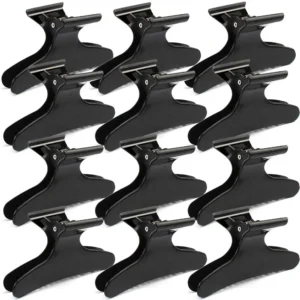 This image shows a 12 pack of black butterfly hair clips designed for styling, sectioning and coloring hair in a salon or at home, featuring a strong grip and durable plastic construction.