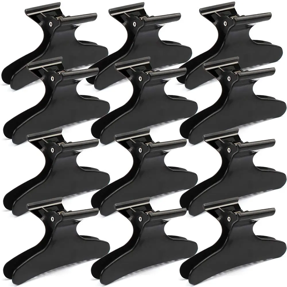 This image shows a 12 pack of black butterfly hair clips designed for styling, sectioning and coloring hair in a salon or at home, featuring a strong grip and durable plastic construction.
